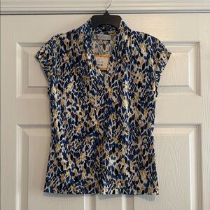 Kasper Blue, Gold & White Cap-Sleeve V-Neck Blouse